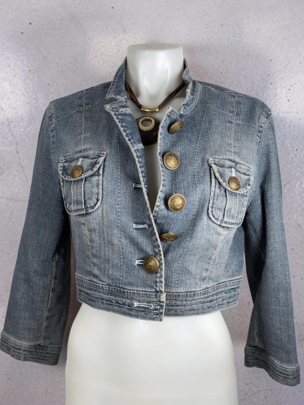 Chelsea & Theodore Cropped Military Style Denim Jacket Size M - Picture 2 of 12
